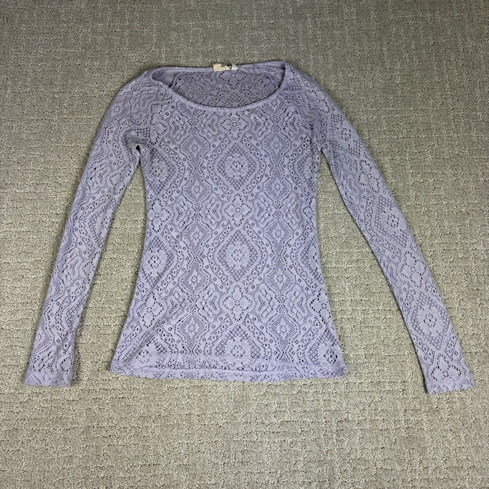 Vintage Mudd Purple Lace Long Sleeve Top Y2K Geometric Sheer Scoop Neck Small S